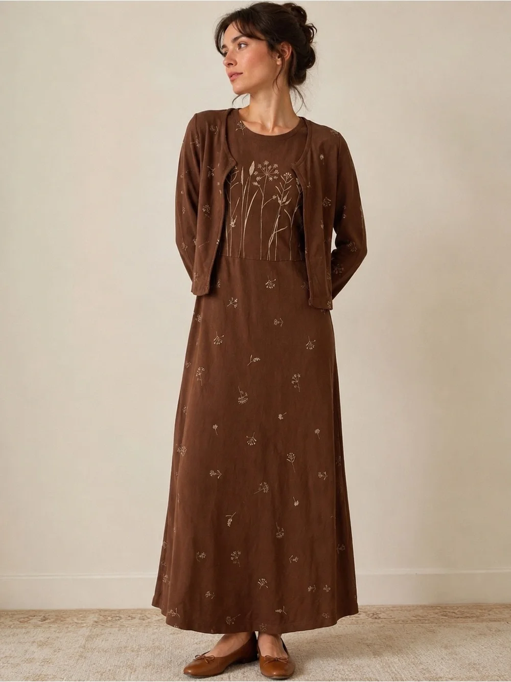 Vintage Potato Clothing Brown Maxi Dress Matchin Cardigan Cottagecore Size Small